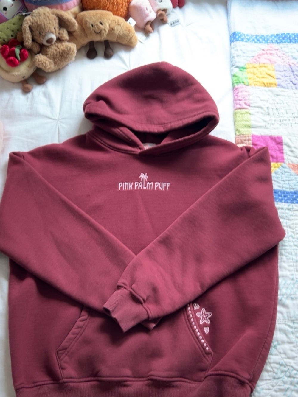 Pink Palm Puff Women's Maroon Hoodie Sweatshirt